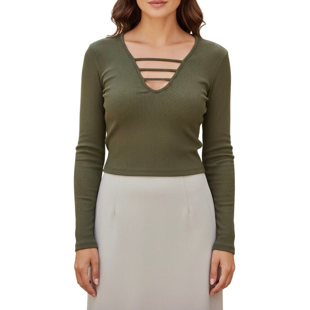 Rue21 Dark Green Crop Top XL Long Sleeve Ladder Front Strappy V-Neck Olive Boho
